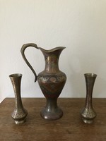 Indian painted copper spout and two vases