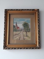 Village landscape with church tower in golden frame with needle tapestry