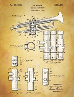 Prints of old selmer trumpet 1939 patent drawings of classical orchestral instruments, brass instruments
