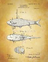 Régi antik műcsali wobbler műhal 1908 Caldwell szabadalmi rajz, horgász felszerelés eszköz történet