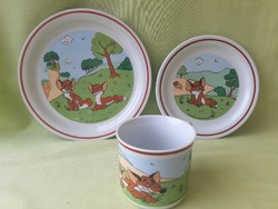Zsolnay porcelain vuk, fox pattern children's breakfast set with mug. Pannonia film studio (3 pieces