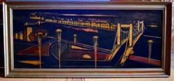 Budapest látképe az Erzsébet híddal, festmény, 1970-1980. körüli, olaj karton, kerettel 54 x 120 cm