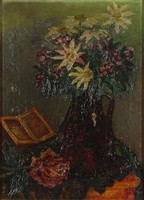 1H055 XX. századi magyar festő : Könyves asztali virágcsendélet