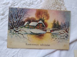 Old graphic, Christmas postcard / greeting card, snowy house, river, forest, 1920s