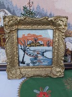 Old beautiful patterned tapestry, goblen winter landscape, wooded, house. Collective beauty
