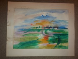 Réti Zoltán: "Hortobágyi hajnal I.", akvarell festmény, 76x56 cm