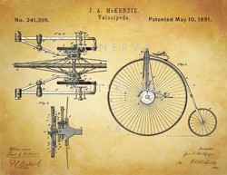 Régi antik velocipéd kerékpár bicikli 1881 McKenzie találmány szabadalmi rajz, pedál váz hajtókar
