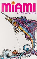 Vintage régi utazási reklám Miami Florida USA színes kardhal tenger horgászat REPRINT plakát