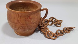 Magyar nemzeti kávéscsésze,antik kézzel faragott fafaragás , népi kávés csésze függővel