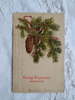 Antik litho/litográfiás karácsonyi képeslap toboz, fenyőág 1919