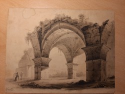 Ruined arch with man figures - lithographic watercolor