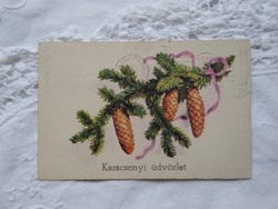 Old graphic Christmas postcard with pine branch and cones, 1940s
