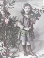 Régi karácsonyi képeslap francia fotó levelezőlap karácsonyfa játék kislány