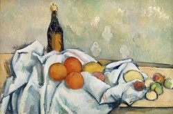 Paul cézanne still life with wine bottle and fruits - reprint