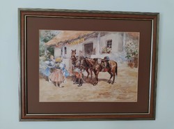 Wallburg Egon ( Zórád Géza ) akvarell, huszár és a lányok