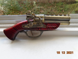 1801 két réz csöves csappantós pisztoly vörös fekete csíkos irizáló ágyazattal