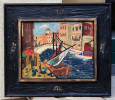 C. R .: Venice district with bridge and moored sailboat - oil painting in a unique frame