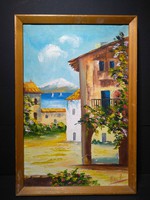 Mediterranean street view, oil on canvas, 44x30 cm, sign coming right