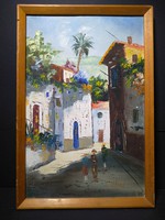 Mediterranean street view with people, oil on canvas, 44x30 cm, sign coming right