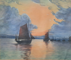 Sailboats at sunset (watercolor frame 54x60) with sterner mark seascape, boats, harbor