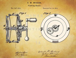 Old antique fishing rod reel 1874 maccord patent drawing, fishing tackle tool story
