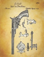 Régi antik Colt revolver szabadalmi rajz 1837 klasszikus amerikai forgótáras pisztoly lőfegyver