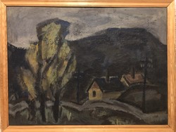 János Makra (1920-1991) “Landscape with Houses”. Oil painting in a 60X80cm gallery