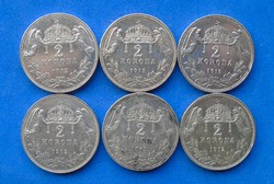 6 x  Ferenc József 2 korona ezüst - 6 db Ag - Magyar érmék