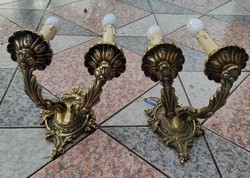 Antique wall bracket, wall lamp in pairs, very showy ornate bronze, cast