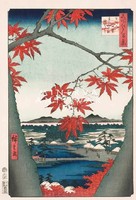 Régi japán fametszet - tájkép hegyek tó juharfa vörös levelek 1857 Kitűnő minőségű reprint nyomat