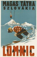 Retro síelés Tátra Lomnic Szlovákia téli sport havas hegyek sífelvonó Vintage/antik plakát reprint