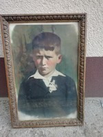 Régi képkeret, színezett, festett fiú portré fotóval