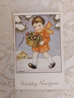 Old New Year postcard style postcard with clover snowfall little boy