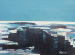 Painting by Tibor Szőllősi (1962-) with frame (55x71 cm, modern, contemporary Hungarian, ice sheets?)
