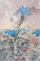 Female petals and lilies in the landscape (oil on canvas, 60x40 cm) unidentified sign - flowers on the waterfront