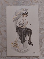 Régi képeslap művészrajz levelezőlap kalapos hölgy