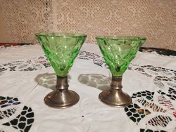 Eladó antik ezüst talpas urán zöld olom kristály rövid italos poharak 2 db hibátlan!