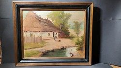 In the yard of a thatched house (framed, 50x65 cm, unidentified) village life, roosters, hens