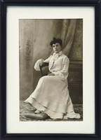 Antique photo, original paper picture framed. Woman in white, full length studio shot. 1910s.