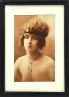 Antique postcard, photo card, reprint framed. Young woman with interesting necklace, 1910s.