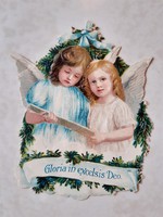 Régi papírkép angyalok dombornyomott vallási kép Gloria in Excelsis Deo feliratos