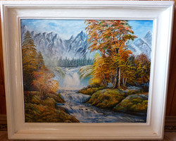 Autumn landscape with waterfall - oil on canvas