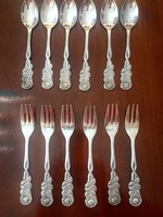 6-6 pcs old cake fork, teaspoon set with pink end, marked