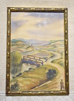 Antique gilded picture frame, landscape watercolor 17 x 24 cm