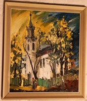 Jelzett festőművész (szerintem Platzner Tibor) – Templom előtt című festménye – 309.