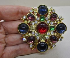 Old art deco gilded brooch with glass stones