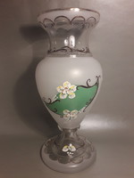 Antik régi plasztikus virágos festett üveg váza nagy méretű