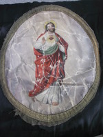 Antik, vallási témájú selyemkép, mindkét oldalán festett, fotók szerinti állapotban.