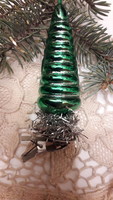 Karácsonyfadisz, csipeszes üveg dísz ,retró zöld csúcs