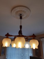 Wooden 5-branch chandelier with 5 flawless frosted glass covers